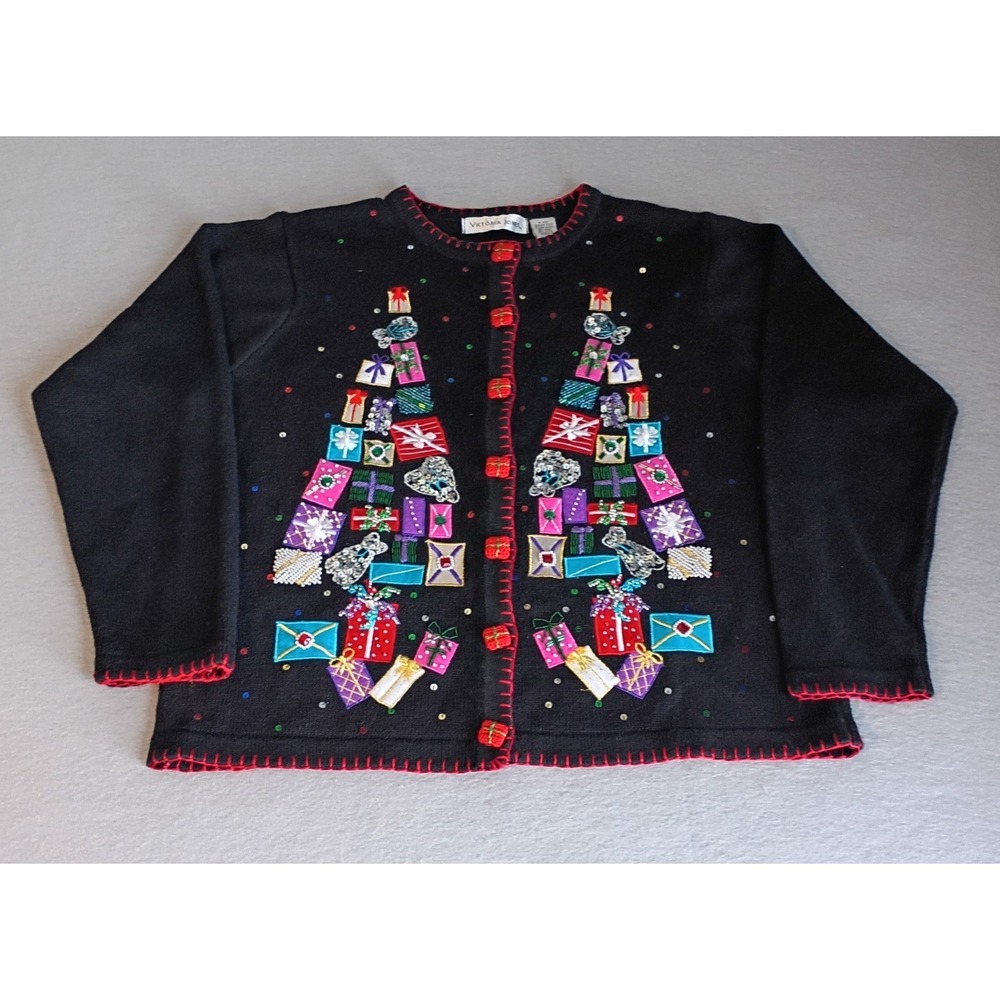 Victoria Jones Christmas Novelty Sweater Gifts/Presents Embroidered Beaded‎ Sz L